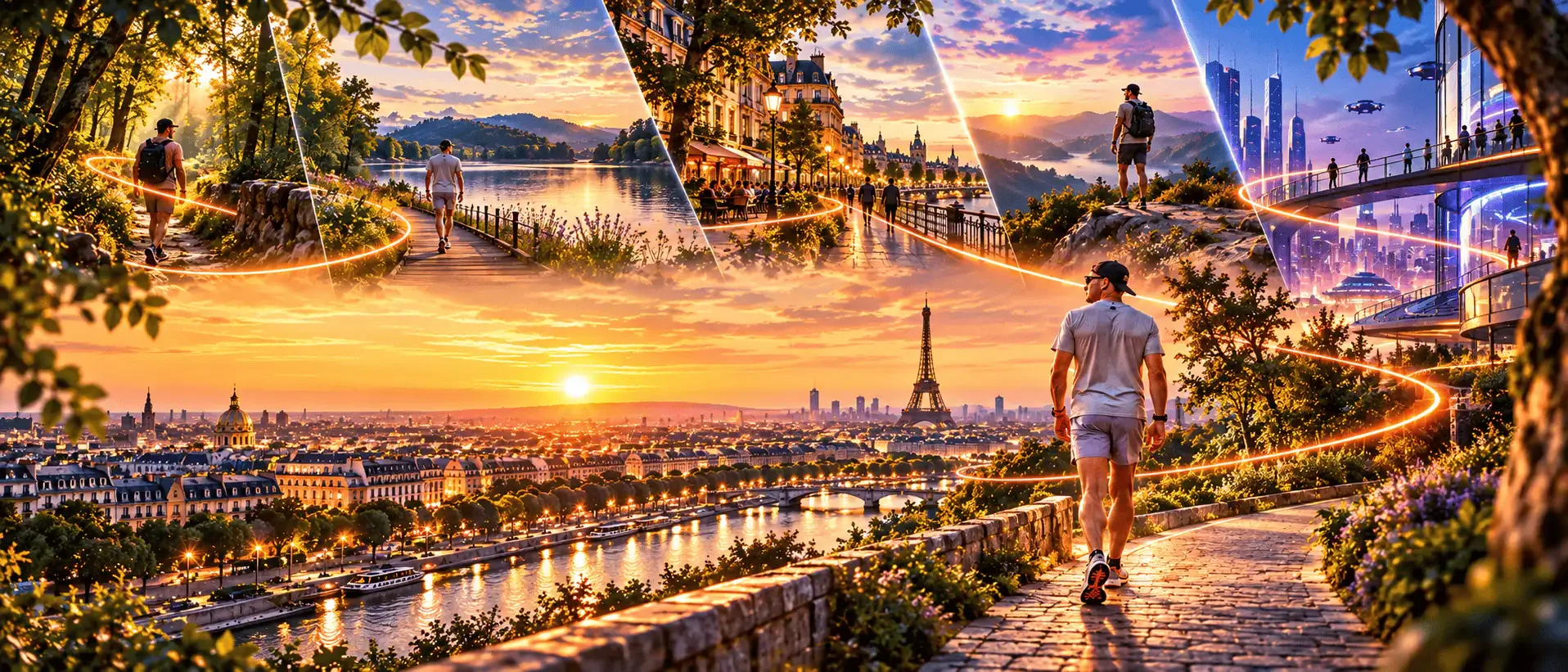 Une marcheuse sur un chemin au lever du jour